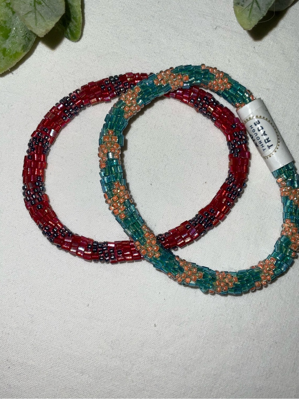 Handcrafted Beaded Bracelet Pair — Teal & Coral and Red & Black